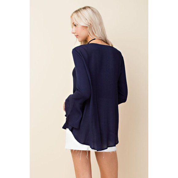 Women's Solid Bell Sleeve Top With Front Ring Detail Blouse Super Cute & Comfy - Picture 5 of 8